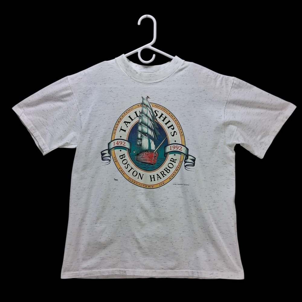 Vintage 1992 Tall Ships Boston Harbor T-Shirt Oneita Single Stitch Large White